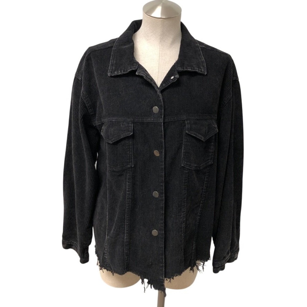 POL Corduroy Jacket Womens XL Plus Black Frayed Hem Button Up Grunge Goth Edgy